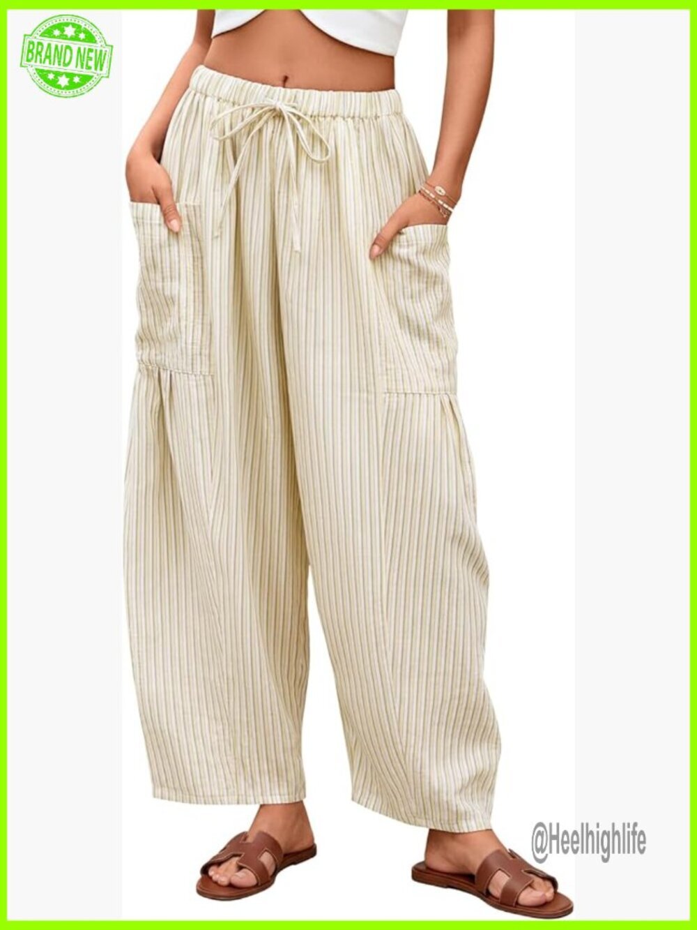 Cotton Wide Leg Palazzo Pants Drawstring Waist Pockets Lounge Beach